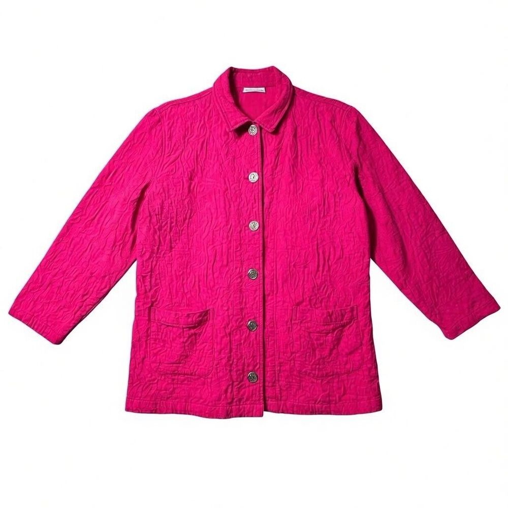 Chico’s Womens Pink Floral Print Kacqard Kacket Size 3/XL Button Down Pockets